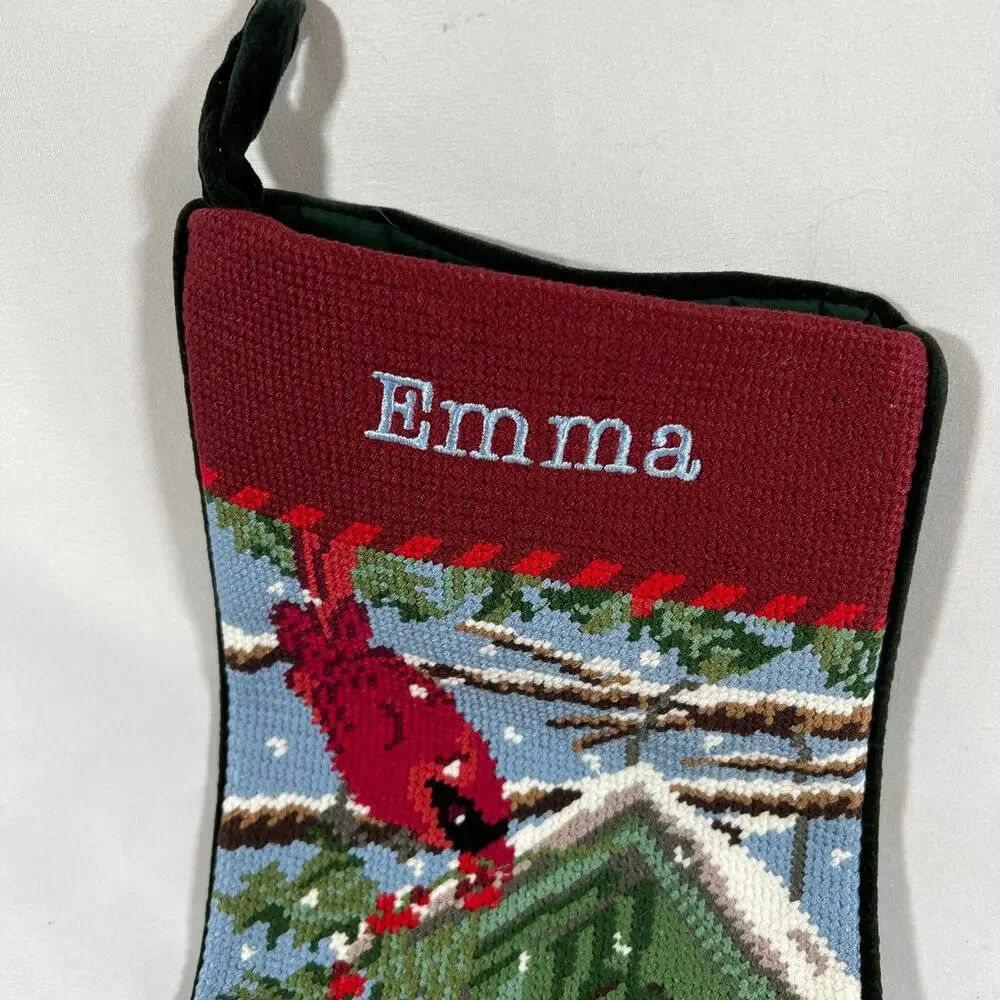 Lands' End Needlepoint Christmas 18” Stocking “Emma” Cardinals Poinsettias Snow